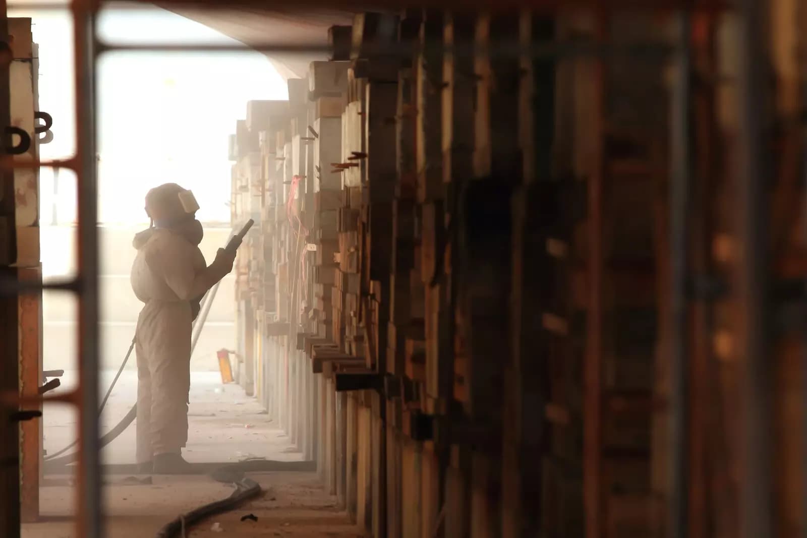 A sandblaster looking up at a metal structure